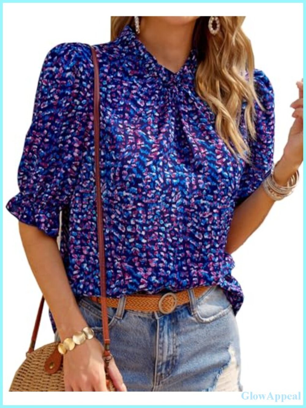 Womens Boho Floral Blouse High Neck Puff Sleeve Keyhole Back Top